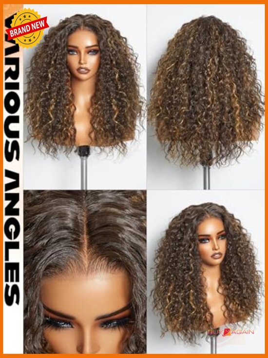 Curly Brown Highlight Lace Front Wig Glueless Pre Plucked Synthetic Hair 20 Inch main image 4